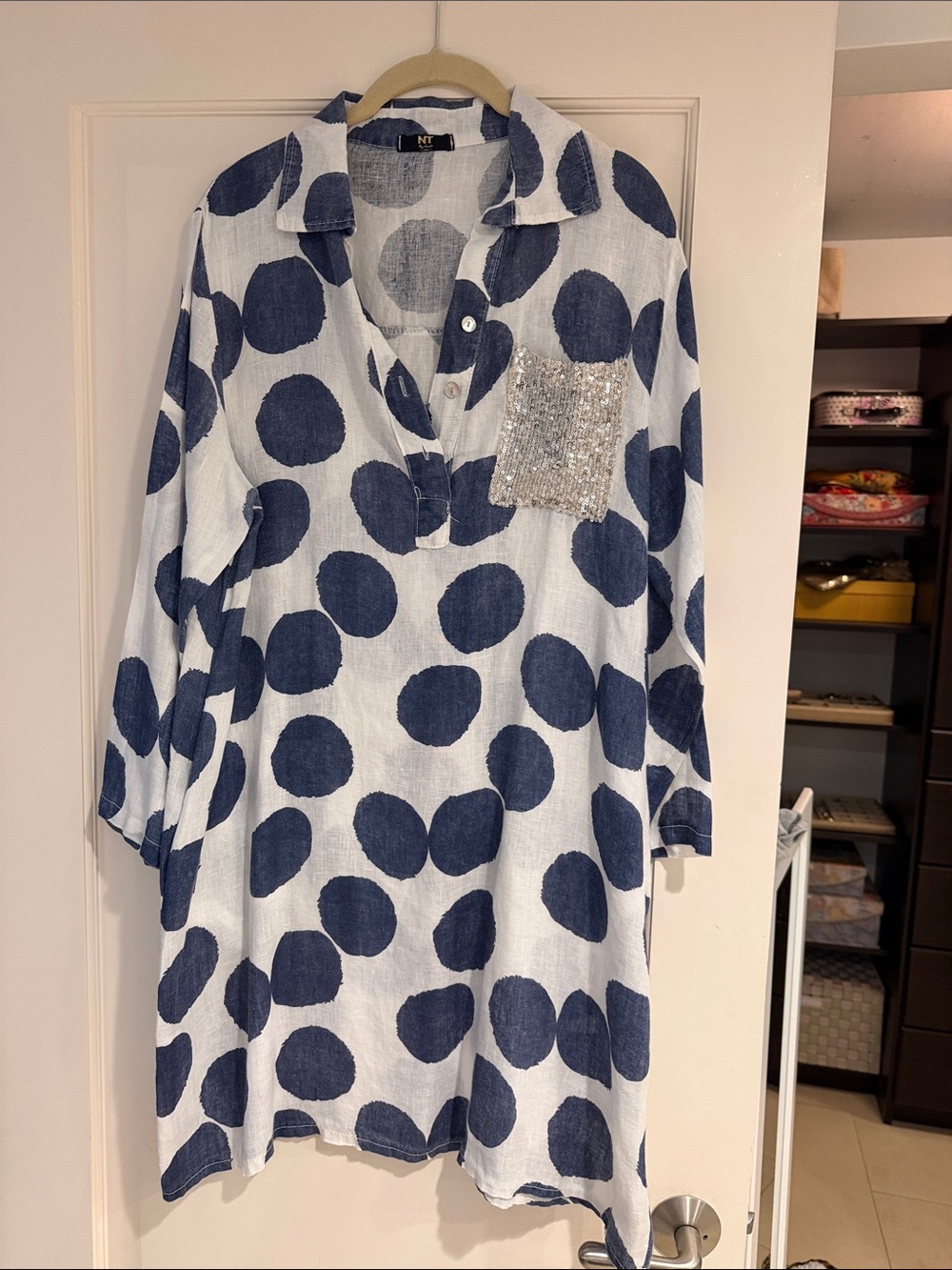 Navy Polka Dot Long Sleeve Tunic Dress with Sequin Pocket